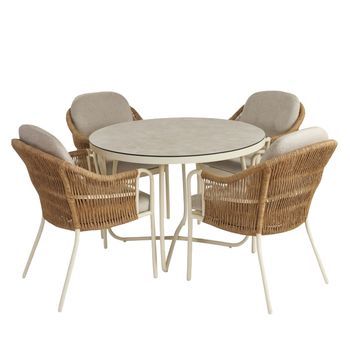 Conjunto De Mesa Redonde Y Sillas De Exterior, Aluminio Y Ratán Sintético Redondo, Color Blanco Envejecido, 110x73,5
