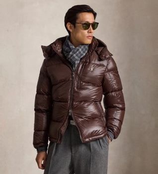 Polo Ralph Lauren para hombre. 710968281500 Chaqueta Gorham brillante de plumón marrón (XL), Casual, Nylon