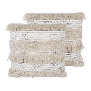 Conjunto De Cojines Decorativos Beige Patrón A Rayas 45 X 45 Cm Con Borlas Decoración Boho Retro Villur
