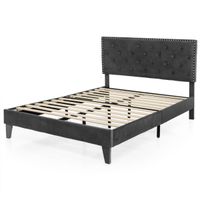 costway cama plataforma de madera tapizada marco de cama moderno con cabecero acolchado botones para colchon montaje facil gris