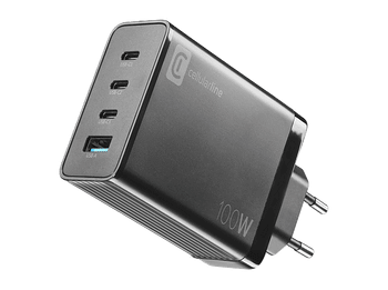 Cargador móvil - CellularLine Nano GaN+, 100 W, 4 puertos, USB C, USB, Universal, Negro