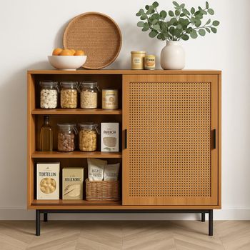 Aparador de cocina de madera con puertas de caña
