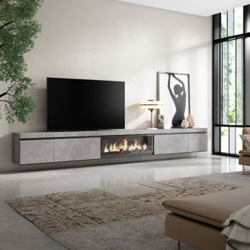 Mueble tv efecto madera cemento 368x35x45cm chimenea efecto fuego