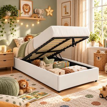 Cama plataforma con arcón – superficie de descanso 90x190 cm - polipiel (PU) blanca - somier incluido - LANCE