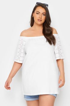 Yours Top Blanco Bardot Con Mangas Con Calados, Mujer Curvy Y Tallas Grandes, Yours