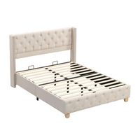cama beige 140 x 190 cm de lino con capitone remaches y 12 lamas