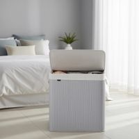 cesto de ropa sucia de 150 l con tapa de bambu gris y blanco