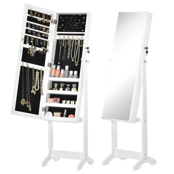 HOMCOM Espejo Joyero de Pie Ángulo Ajustable Ranuras para Pendientes Anillos Collares 46x36,5x151,5 cm Blanco   Aosom España