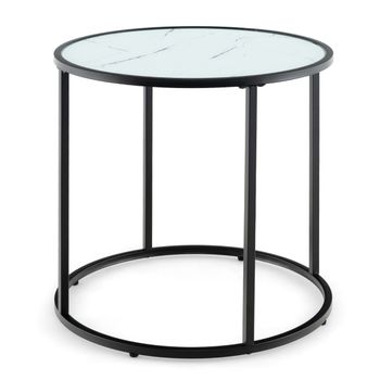 Costway Mesa Lateral Redonda de 50 cm con Marco Metálico y Tablero de Vidrio Efecto Mármol Mesa de Café Moderno para Sala de Estar Negro y Blanco