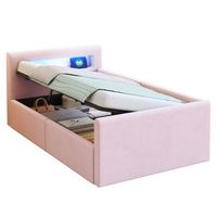 cama infantil 90 x 200 cm - led - usb - estanteria hidraulica y almacenaje - cama individual - terciopelo - rosa