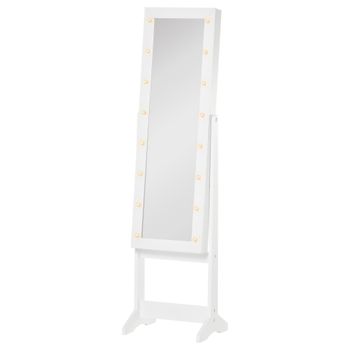 HOMCOM Joyero de Pie con Espejo Armario para Joyas 16 Luces LED Reclinable Anillos Pendientes Collares Madera 36x30x136cm Blanco   Aosom España