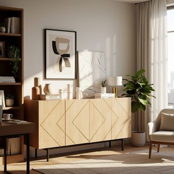 Aparador moderno y elegante de roble claro con incrustaciones doradas.