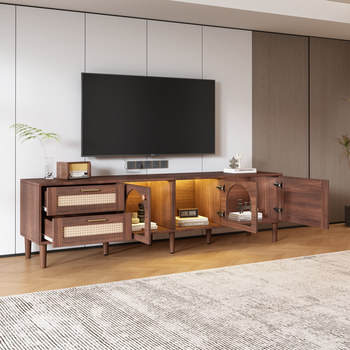 Mueble De Tv De Madera Marrón Con 2 Cajones De Ratán, 2 Puertas De Cristal Curvado, 1 Puerta De Ratán, Iluminación Led, Diseño Moderno (180x40x50cm)