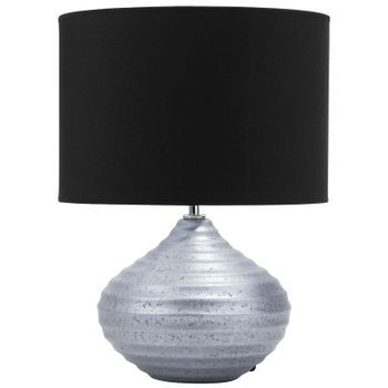 Lámpara De Mesa Plateada De Cerámica 42 Cm Pantalla De Poli Algodón Negro Base Acanalada Estilo Moderno Kuban