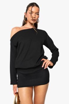Vestido Mini Ajustado De Manga Larga Con Escote Barco, Negro