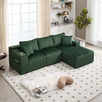 Conjunto De Sofá Modular Con Chaise Longue Y 2 Plazas En Terciopelo Acanalado, 5 Cojines, Bolsillos, Portavasos, Espuma Hd, Montaje Libre, Para Salón