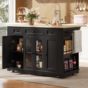 Isla De Cocina Negra Con Mesa Abatible, 151,5 Cm Y Encimera De Mdf