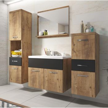 Conjunto De Muebles De Baño Alba, Juego De Muebles De Baño Colgantes, Lavabo Incluido, Color Castaño/negro Mate