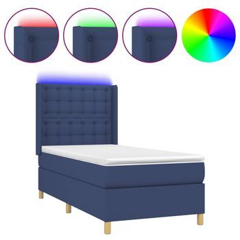 Cama Para Adulto | Cama Individual | Cama Box Spring Colchón Y Luces Led Tela Azul 90x190 Cm