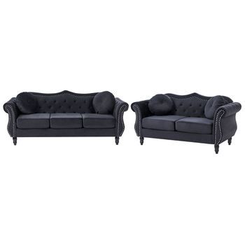 Conjunto De Sala De Estar En Terciopelo Negro 2 Plazas 3 Plazas Apoyabrazos Enrollados Cojines Estilo Glam Skien
