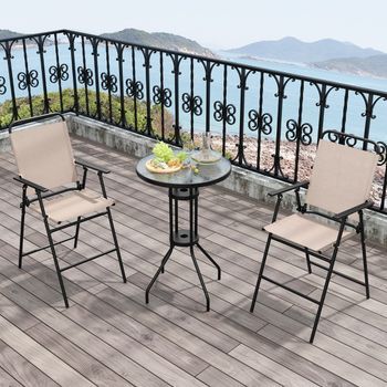 Juego 3 Piezas Mesa 2 Sillas Vidrio Templado Plegables Jardín Exterior Beige