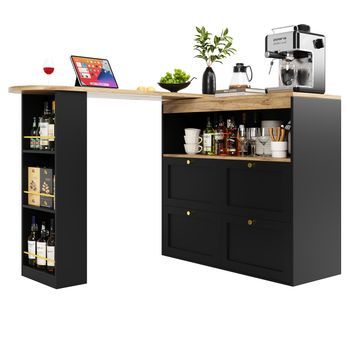Mueble Bar Negro Con Cuatro Cajones Y Estantería Lateral Giratoria 360 Grados
