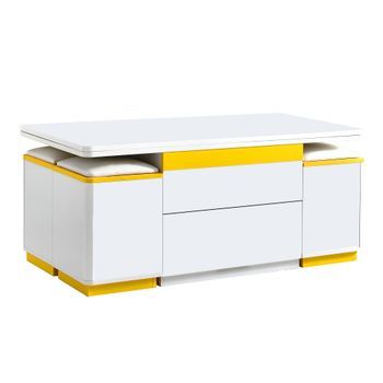 Mesa De Centro Elevable Y Plegable Blanca Y Amarilla Con 4 Taburetes De Almacenaje