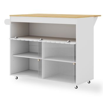 Isla De Cocina Móvil Con Encimera Extensible, Puertas Correderas De Vidrio Templado, Estantes Regulables, Barra Para Paños Y Ruedas Frenables，blanco Y Natural