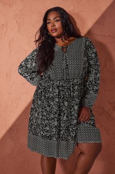 Yours Vestido Corto Negro Boho Cachemira, Mujer Curvy Y Tallas Grandes, Yours