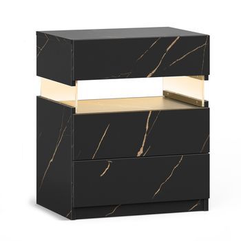 Mesita De Noche Led Con 3 Cajones, Mesa Auxiliar Dormitorio, Negro Y Dorado