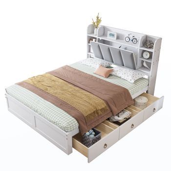 Cama De 140 X 200 Cm Con 3 Cajones, Estante Abierto Y Puerta Plegable - Pino + Mdf - Para Adultos - Blanco + Gris