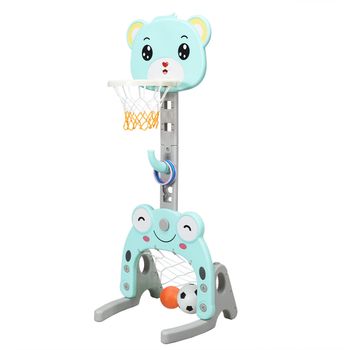 Costway Canasta de Baloncesto y Fútbol con Forma de Oso Centro Actividad 3 en 1 para Niños Turquesa y Gris 54 x 49 x 133-158 cm