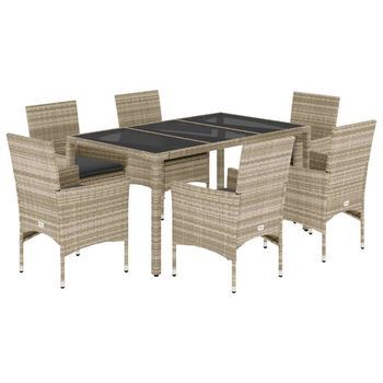 Set De Comedor Jardín 7 Piezas Y Cojines Ratán Pe Y Vidrio Gris Vidaxl