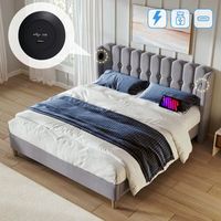 cama tapizada 160 x 200 cm para adulto - usb  tipo c - tejido lino - gris