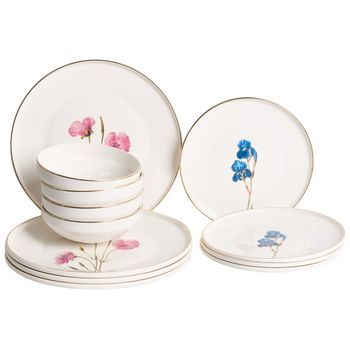 Vajilla De 12 Piezas De Porcelana Acabado Esmaltado Con Diseño Floral Multicolor Para 4 Personas Comedor Cocina Blanco Hyssop
