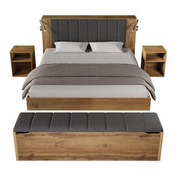 Cama Doble 160x200 Cm Con Colchón, Efecto Madera, Cabecero Abatible, 2 Mesitas De Noche, Banco Con Almacenamiento Usb, Lino, Roble