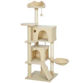 PawHut Árbol Rascador para Gatos 140 cm con Plataformas Cama 2 Cuevas Hamaca Escalera Postes de Sisal Beige