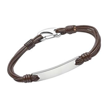 Pulsera de cuero marrón cierre de langosta placa de grabado