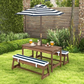 Mesa De Picnic Para Niños Con Sombrilla Y Banco De Madera Con Cojines Muebles Portátiles Azul Cfw54394