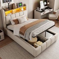 cama tapizada 90x200 cm con iluminacion led y puerto usb cabecero con superficies de almacenamiento y espacio de almacenamiento con espacio de almacenamiento hidraulico cama individual infantil color lino beige