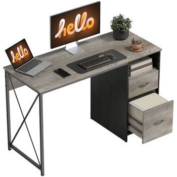 Mesa De Ordenador Con Dos Cajones De Melamina Y Acero, 120 X 50 X 76 Cm – Gris Claro