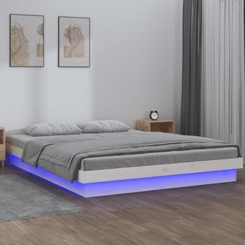 Cama Matrimonial | Cama Para Adultos | Estructura De Cama Con Led Madera Maciza Blanca 140x200 Cm