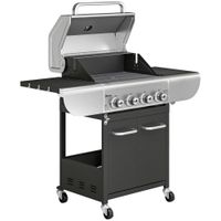 outsunny barbacoa de gas con 4 quemadores 128 kw termometro parrillas de hierro fundido mesas laterales armario y ruedas negro