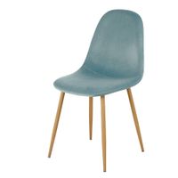 silla de terciopelo azul celadon y patas de metal efecto roble