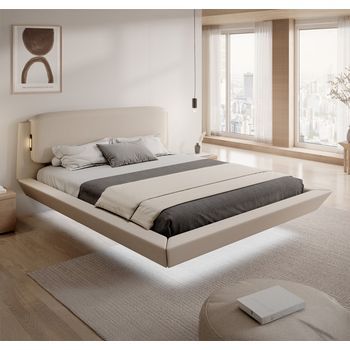 Cama De Matrimonio Flotante Con Cabecero | Con Somier De Lamas | Beige | Cama Madera Y Lino | Modelo Diana | Para Colchón De 150x190