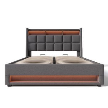 Cama Gris 180 X 200 Cm Con Almacenaje Abatible, 2 Usb Y Doble Iluminación Led