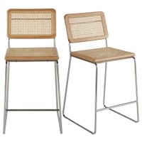 set de 2 taburetes altos de rejilla de ratan y acero plateado alt 65 cm