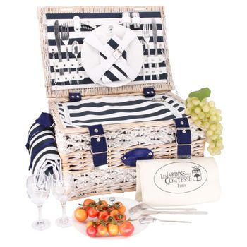 Cesta picnic de mimbre marine rayas azules para 2 personas