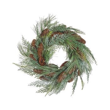 Corona Verde 34 Cm Material Sintético Ramas Piñas Nieve Navidad Asturia