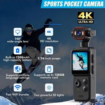 Mini Cámara de Acción de Bolsillo 4K 140 °   Cámara de Acción WiFi con Lente Gran Angular, Pantalla HD de 1.54 Pulgadas, Soporta Carga Durante la Grabación
